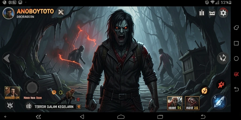 Screenshot gameplay ANOBOYTOTO menampilkan suasana horor yang mencekam.