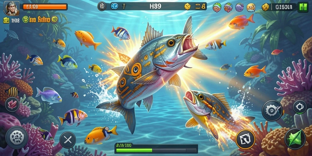 Tampilan gameplay H89 dengan ikan yang berwarna-warni dan senjata menembak.