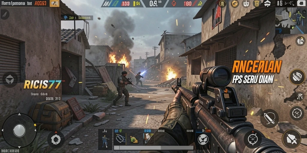 Screenshot utama RICIS77 menampilkan aksi cepat pertempuran FPS.