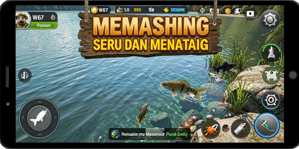 Tampilan gameplay W67 saat menangkap ikan di lokasi yang indah.